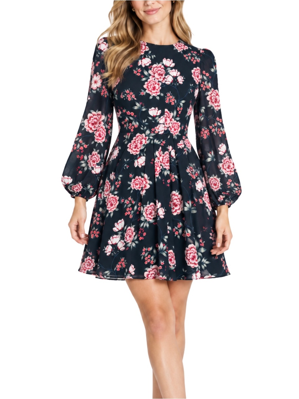 Eliza J Navy Pink Floral Long Sleeve Fit & Flare Mini Dress Spring Size 0